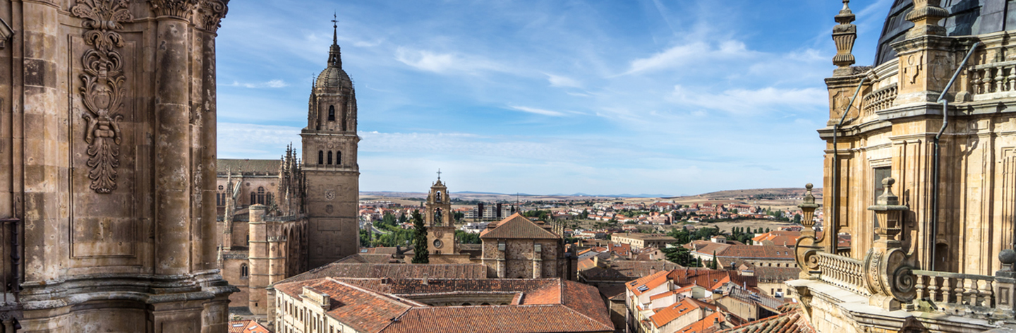 Over Look New Cathedral Belltower Of Salamanca And Surroundings From La Clerecia In Salamanca Castilla Y Leon Spain